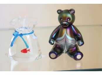 Signed Art Glass Bear Abelman 1984 M7b300.89 & Blown Glass Fish In A Bag Signed By Artist