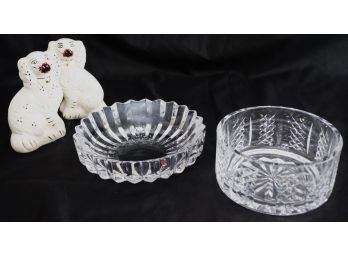Waterford Crystal Bowl & Signed Orrefors JJ4574-541 Crystal Dish Includes A Pair Of Staffordshire Style Dogs