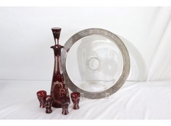 Pretty Plate With Engraved Sterling Overlay & Vintage Cranberry Colored Etched Glass Aperitif Set