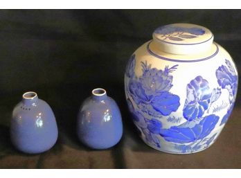 Blue & White Asian Style Ginger Jar With Lid Ceramics By Heath USA 129, Small Tray With Marking On Bottom