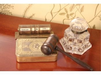 Vintage Inkwell, Brass Rolling Calendar, Embossed Christmas Box 1914 & A Small Wood Gavel