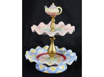 Mackenzie Childs 2 Tier Pastry Plate With A Cute Teapot Finial, Very Pretty Piece In Very Good Condition!