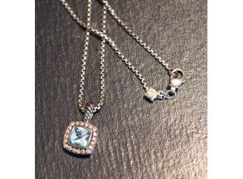 David Yurman  16' Sterling Silver  Necklace With Pale Blue Topaz And Diamond Sliding Pendant