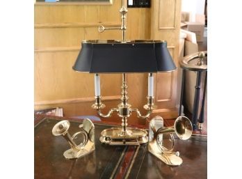 Vintage Brass Toleware Lamp Built With Pride By Peggy & A Pair Of Very Heavy Solid Brass Bugle Bookends