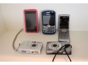 Preowned Cameras & Phones As Pictured Includes Flip Phone, Canon Power Dot SD 200 & 750, Blackberry