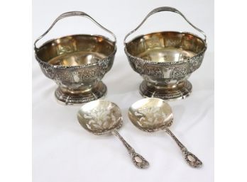 Pair Of Elaborate Gorham Sterling Silver Nut Bowls With Handles 1925 Plus 2 Sterling Spoons