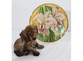 Rosenthal TH Karner 1247 Dog Figurine & Pretty Flower Children Hand Crafted Plate By V. Tiziamo 918/3000