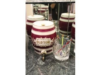 Vintage Old Tom Liquor Barrel - Lockson Schndor, Gorgeous Mikasa Ice Bucket & Fun Glass Cocktail Stirrers