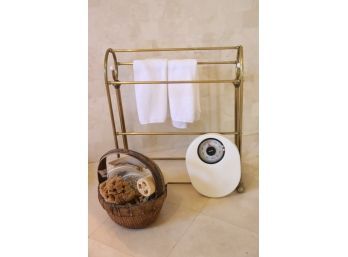 Brass Towel Rack, Krupa Scale, Wood Basket With Assorted Sponges & Accessories