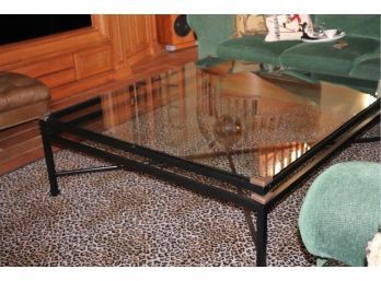Oversized Coffee Table With A Glass Top And Metal Frame Approx. 60 Inches X 54 Inches