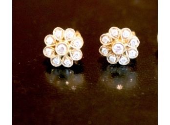 18k YG Pair Of Diamond Earrings In Flower Design - Signed BA