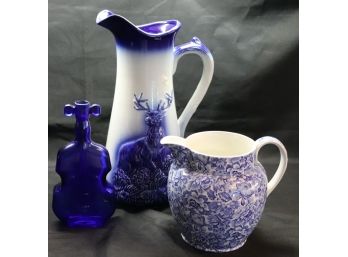 Blue & White Pitcher With Embossed Stag, Cobalt Blue Violin Vase & Palace Garden Made In England