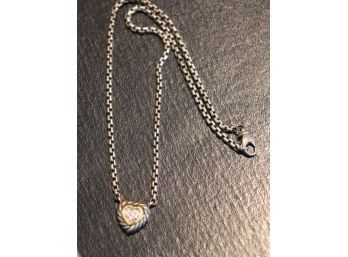 18K YG/.925 13.75' (Youth) David Yurman Barrel Link Necklace With Diamond Accent Fixed Heart Pendant