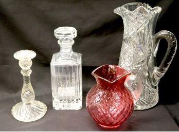 Nice Barware Collection: Cranberry Colored Pitcher & Sharp Cut Pitcher,  Decanter And Candlestick