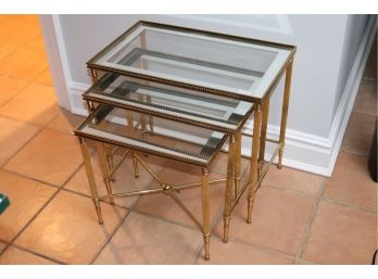 Brass  Finished Nesting Tables With Glass Insert Shows Some Pitting On Side Legs