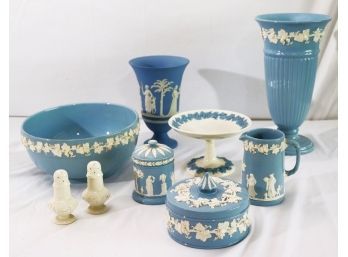 Beautiful Collection Of Blue & White Embossed Wedgwood Queens Ware  Includes A Large Bowl, Vases & More