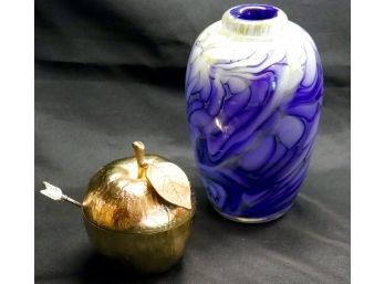 Signed Art Glass Vase By James Claude 1983 Signed Aram Signed Sugar Bowl, With Spoon