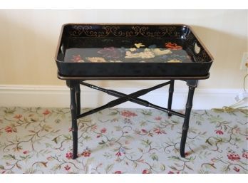 Gorgeous Lacquered Wood Tray Table With Removable Top, Bamboo Style Legs & Beautiful Floral Design On Tray