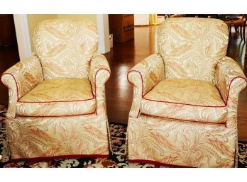 Pair Of Fabulous Chairs By A. Rudin With Beautiful Gold & Red Tone Brocade Style Fabric & Piping On The Edges