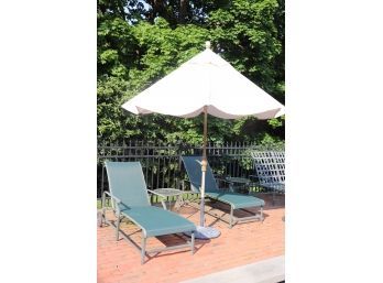 Outdoor Chaise Lounges With A Brown Jordan Side Table & Treasure Garden Sunbrella With Heavy Metal Stand
