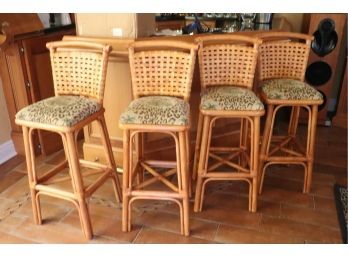 Set Of 4 Woven Wood Stools With Animal Print Fabric On The Seats