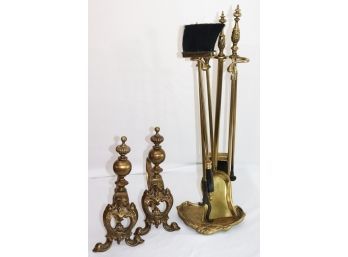 Ornate Set Of Brass Fireplace Tools With Stand Includes A Pretty Pair Of Andirons