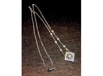 14K WG Pierced Floral Design Diamond Pendant On 16' Fine Link Necklace