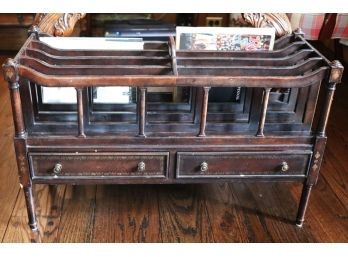 Vintage Maitland Smith Magazine Rack/Holder With 2 Drawers, Leather On Drawers With Stenciling