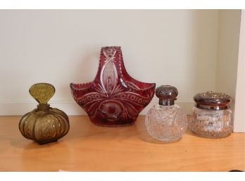 Perfume Bottle With Sterling Silver Top, Beautiful Powder Jar With Embossed Floral Top
