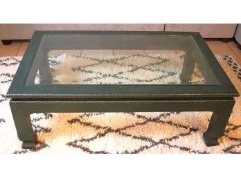 Beautiful Coffee Table With A Beveled Glass Top, Wrapped In A Green Textured Finish