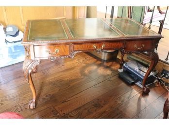 Vintage Maitland Smith Highly Carved Desk With Leather Top, Highly Carved Legs With Claw Feet & Finished Back