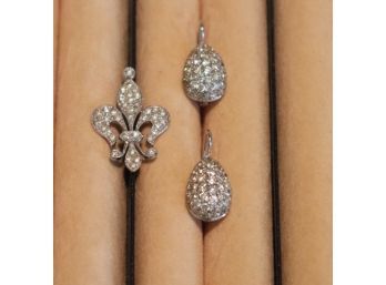 14K WG Beautiful Pair Of Diamond Crusted Earrings  14K WG Fleur De Lis Diamond Pendant