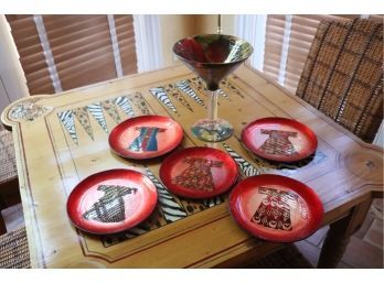 Fun Collection Of Cocktail Plates & Large Signed Art Glass Martini Glass