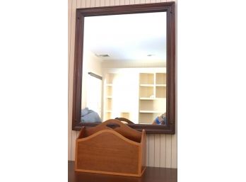 Quality Wood Mirror With Accents On The Corner, Includes A Small Magazine Holder As Pictured