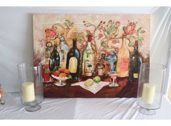 Fun Vinyl Wall Embellished Painting Signed By The Artist Includes 2 Large Hurricane Candle Holders