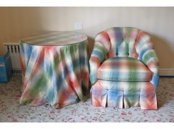 Custom O. Henry House LTD Fine Upholstery Accent Chair With Rainbow Satin Style Fabric & Decorator Table