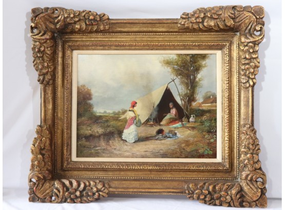 Antique Signed Oil Painting On Panel Of Gypsy Women With Kettle In Beautiful Carved Gilt Wood Frame