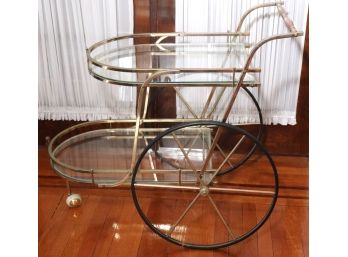 Vintage Brass & Glass 2 Tier Bar / Serving Cart With Wheels