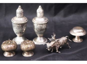 Lot Of Sterling Silver Pieces With Bull & Toothpicks, 2 Salt & Pepper & Knob
