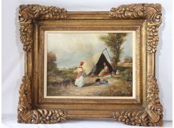 Antique Signed Oil Painting On Panel Of Gypsy Women With Kettle In Beautiful Carved Gilt Wood Frame