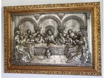 Silver Metal Bas Relief Artwork Of The Last Supper In Carved Gold Frame