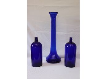 Group Of 3 Cobalt Blue Hand-Blown Glass Pieces With 2 Bottles & Tall Vase