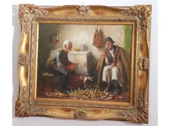 Antique Oil Painting In Baroque Gold Frame Of 2 Country Gentlemen Signed Horvath