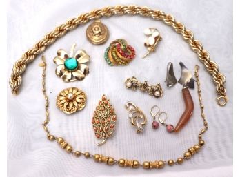 Lot Includes Gold Tone Necklaces, 5 Pins, Locket, 2 Scarf Clips