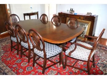 Duncan Phyfe Style Double Pedestal Banded Mahogany Dining Table & 8 Chairs