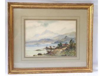 Antique Landscape Watercolor Painting Of Lake & Mountains Signed A. Ramus