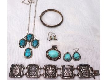 Lot Of Mexican Style Jewelry With Sterling Silver Turquoise Pendant & More
