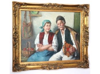 A. Horvath Listed Hungarian Artist Oil Painting Of Young Farm Girl & Elder In Baroque Gold Frame