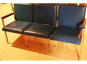 MCM 3 Seat Bench With Steel Frame & Blue Naugahyde Upholstery