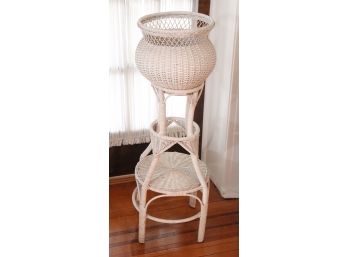 Vintage Cottage Style White Wicker Planter On Tall Stand